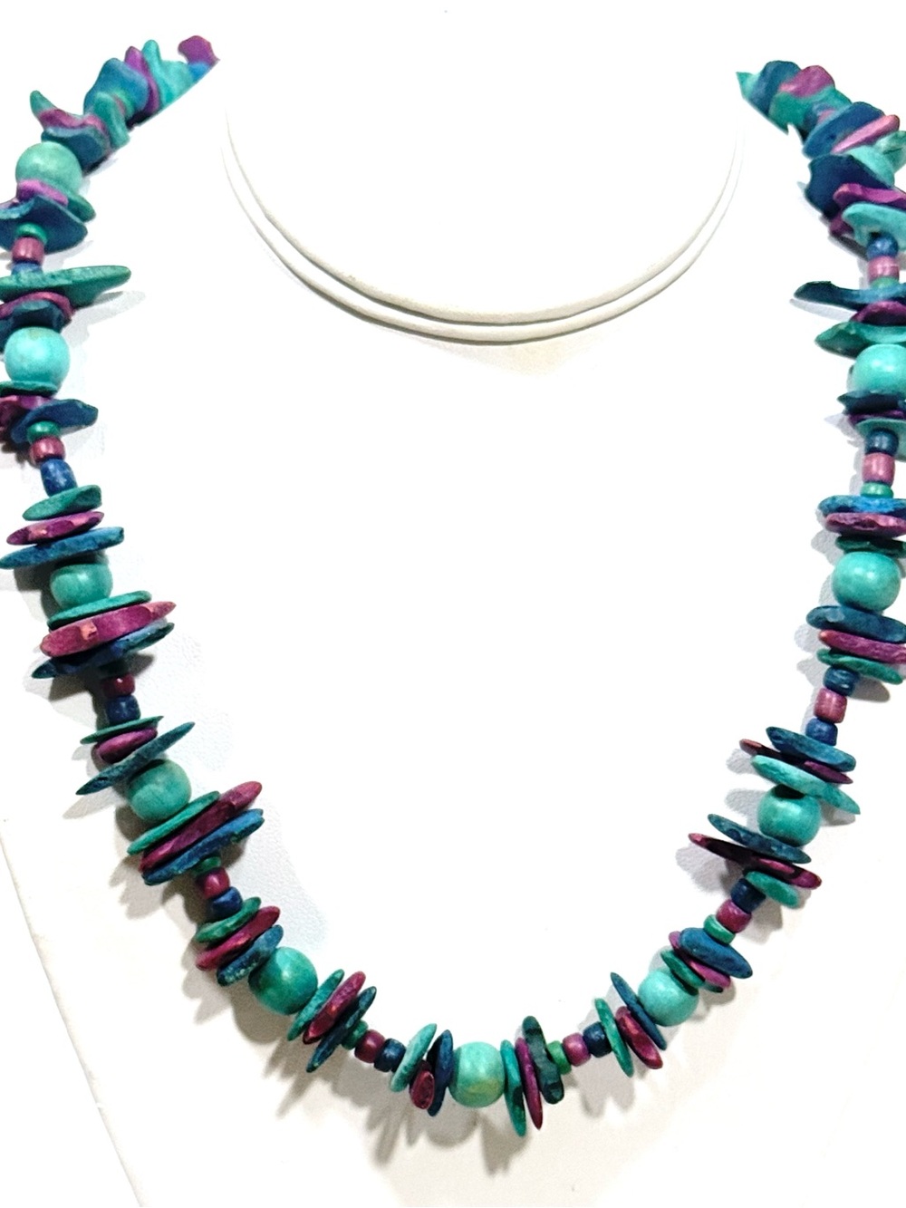 Boho Multicolor Turquoise, Blue & Purple Wood Bead & Chip Necklace Jewelry
